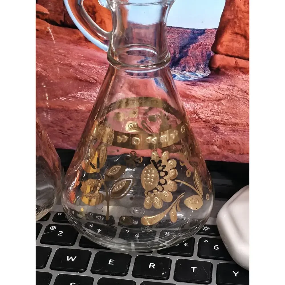 Vintage MCM Culver Glass Chantilly Oil & Vinegar Cruet Set Gold Floral